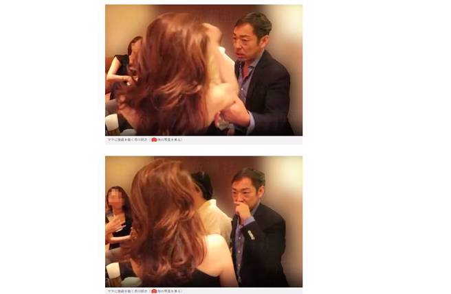 香川照之手伸进妈妈桑腋下还闻味道。(图／翻摄自周刊新潮)