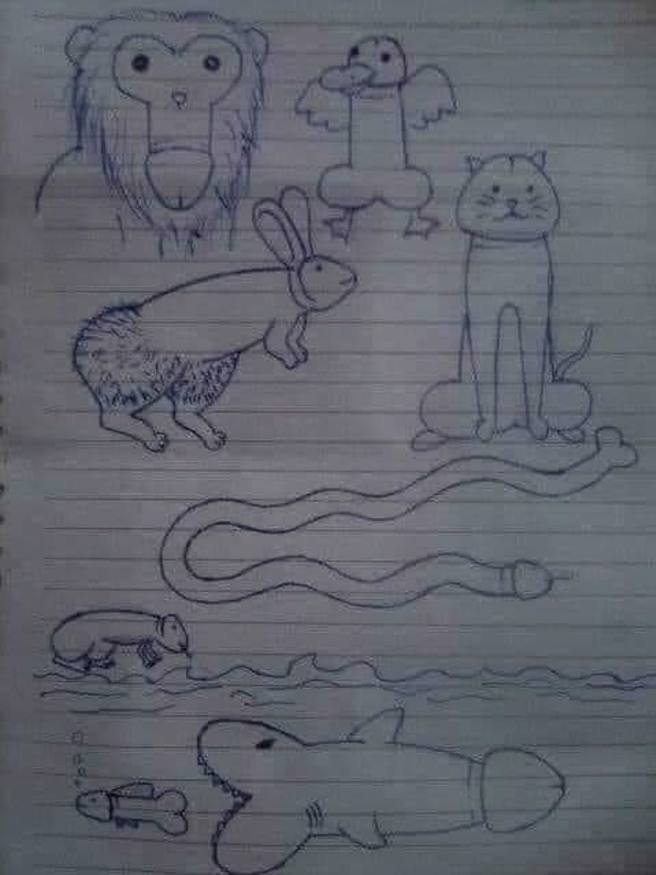 一位爸爸分享儿子和他洗完澡后的童趣图画，没想到都带有明显的下体特徵，让许多网友看了笑翻。（翻摄自爆废公社二馆脸书）