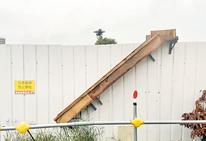 塭仔圳施工围篱上设置友善猫道，协助流浪猫误入工区后能够自行脱困。（新北市政府地政局提供／吕健豪新北传真）