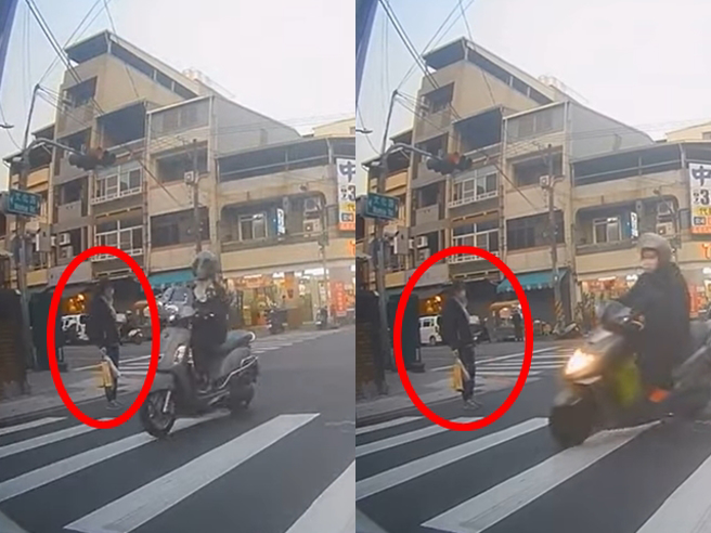 子準備要在綠燈時走斑馬線，卻連續被「2輛轎車、2輛機車」在她面前穿過，對方絲毫沒有禮讓，最後路口變成紅燈，女子也只能無奈退回路邊。（翻攝自YouTube）