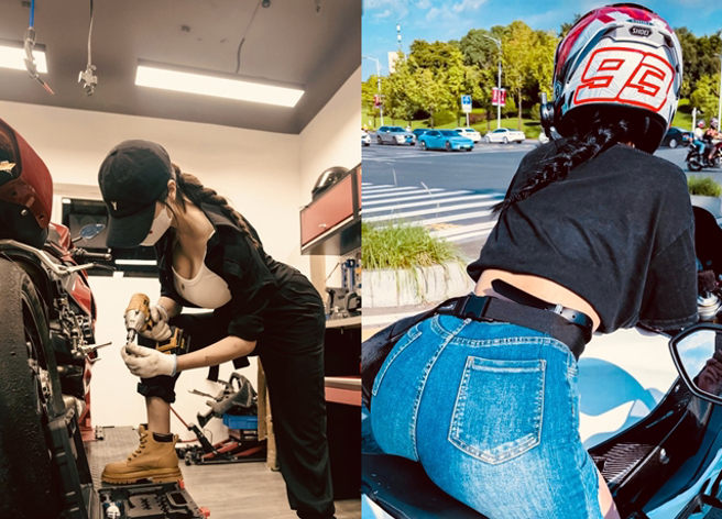 爆乳重机妹除了PO与金主的对话贴文外，还会上传自己与重机的照片。（翻摄自推特）