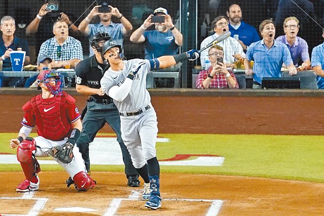 洋基重炮賈吉締造單季62轟的美國聯盟新紀錄。（美聯社）