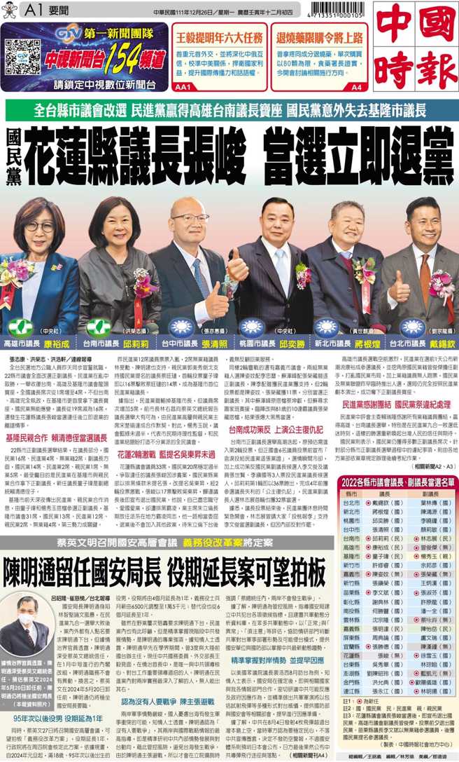 12/26头版，全台县市议会改选，国民党花莲县议长张峻当选立即退党。