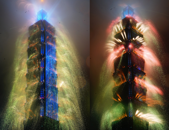 今天台北101跨年烟火结合音乐、建筑灯光、多媒体、烟火及户外光效的多媒体全感官沈浸大秀与多种来自台湾和欧洲的新颖花色烟火，包括和平鸽、笑脸以及生命之树。（季志翔摄）