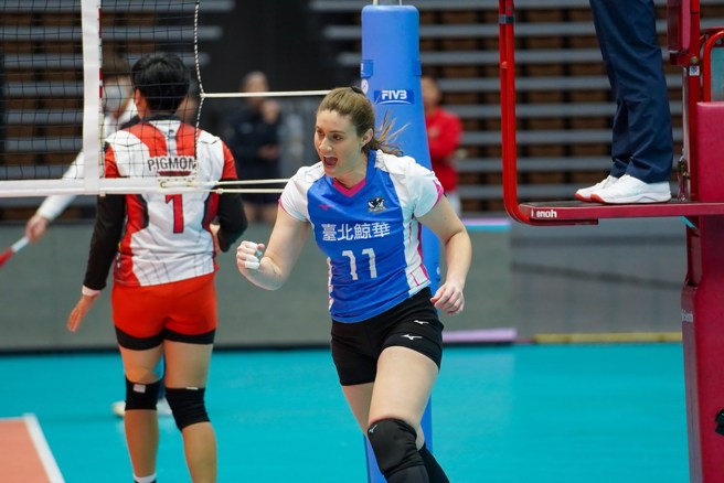 台北鲸华洋将Bia握拳庆祝。(中华排协提供)
