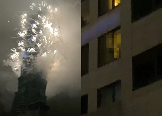 一对男女在101烟火施放期间，在摩铁的窗边「恩爱」，而这一幕也被在下方观看烟火的民眾全拍下，并笑喊为爱鼓掌。（翻摄影片）