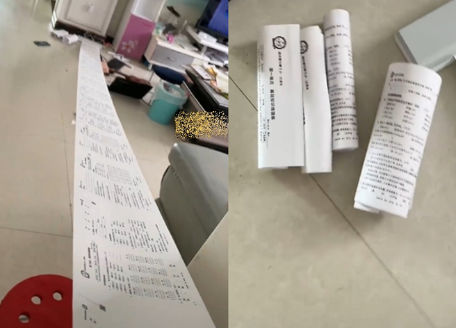 一名妈妈见儿子印出约3公尺长的「寒假作业」试卷，瞬间崩溃爆哭，她在一旁看到此情景乐歪。（翻摄自微博）