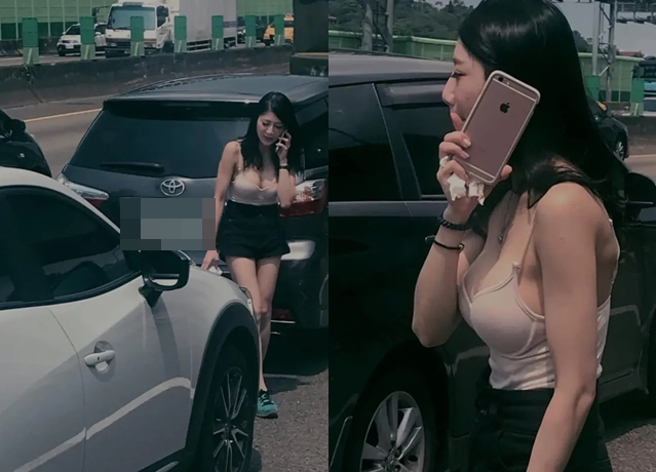 网友分享车祸事故照片，网友却只注意到「超凶」女车主，还表示这场车祸「逢胸化吉了」。（翻摄自爆料公社二馆）