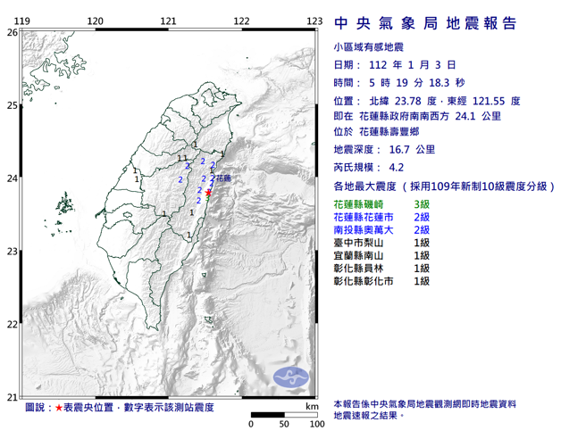 根據中央氣象局地震報告，花蓮縣今天（3日）清晨連2震。（圖取自氣象局網頁）