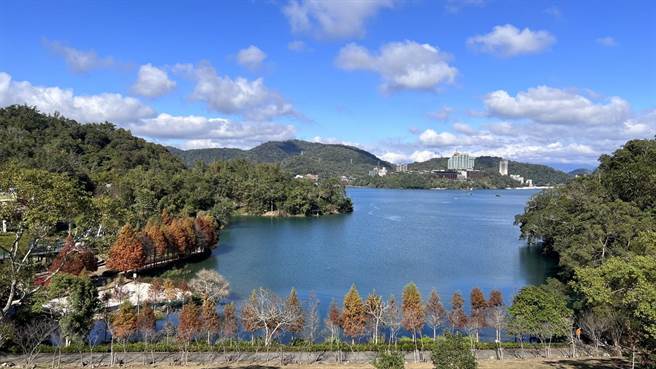 日月潭落羽松不让奥万大专美于前，湖岸落羽松也换上橘红色新装。（日月潭风管处提供／杨静茹南投传真）