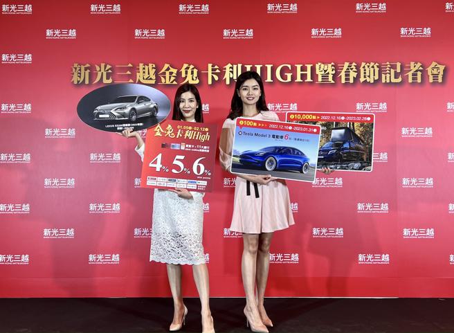 新春購物最強檔，新光三越「金兔卡利High」（5日）起會員獨享回饋，包括8輛百萬名車、100張東京機票、140張住宿券等好禮。（吳奕萱攝）