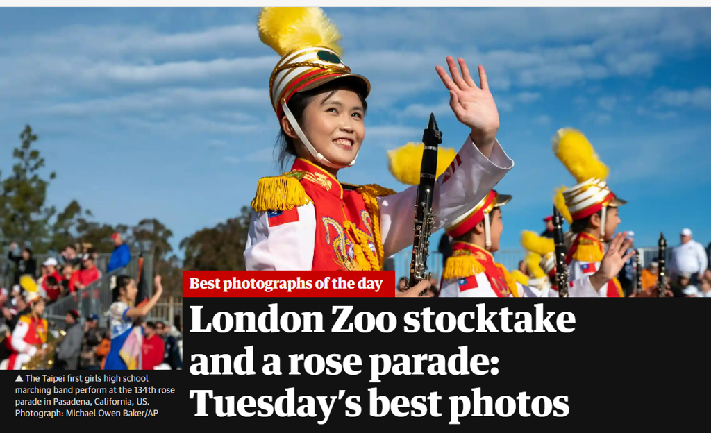 一张北一女乐仪队团员面露笑容，向远方观众挥手致意的照片，被英国《卫报》评选为「本日最佳照片」(Best photographs of the day)。(图/截自《卫报》官网)(photo:ChinaTimes)
