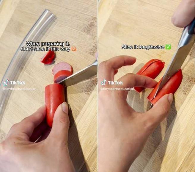 家长应将热狗纵向切成薄片。（图／翻摄自tinyheartseducation TikTok）