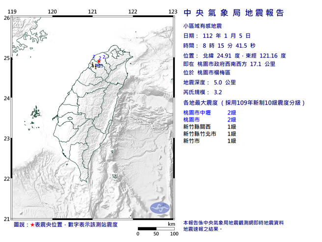 桃园上午8时15分发生规模3.2地震。(翻摄自气象局)