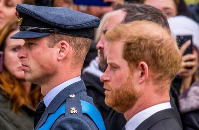 威廉與哈利2022年9月10日在倫敦為女王送葬的神情。（達志圖庫/TGP）