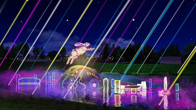台中元宵燈會將在滯洪池上展示10米高水上主燈，圖為主燈秀躍兔。（觀旅局提供／張亦惠台中傳真）