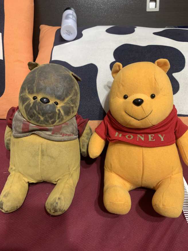 男网友表示，女友20年来独爱这个维尼娃娃，日前逛夜市时意外发现同款，赶紧买下来。（图／翻摄自脸书爆废公社二馆）