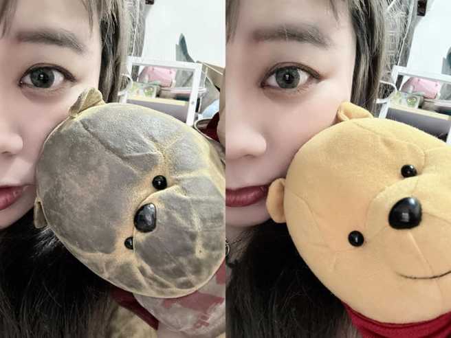 原PO女友和新旧小熊维尼娃娃合照，呈现强烈对比。（图／翻摄自脸书爆废公社二馆）