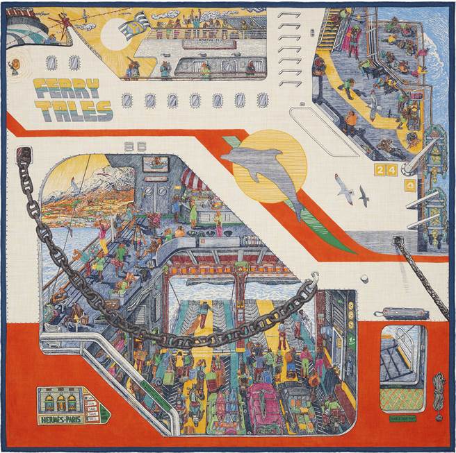 Ferry Tales图纹印花喀什米尔羊绒与真丝混纺围巾2万9200元。（Hermes提供）