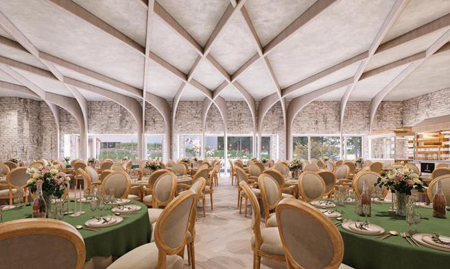 君品Collection 台中新據點「圓觀」(Palazzo Colonna)，內裝設計導入義大利景致中廣場元素。（圖／雲品國際）