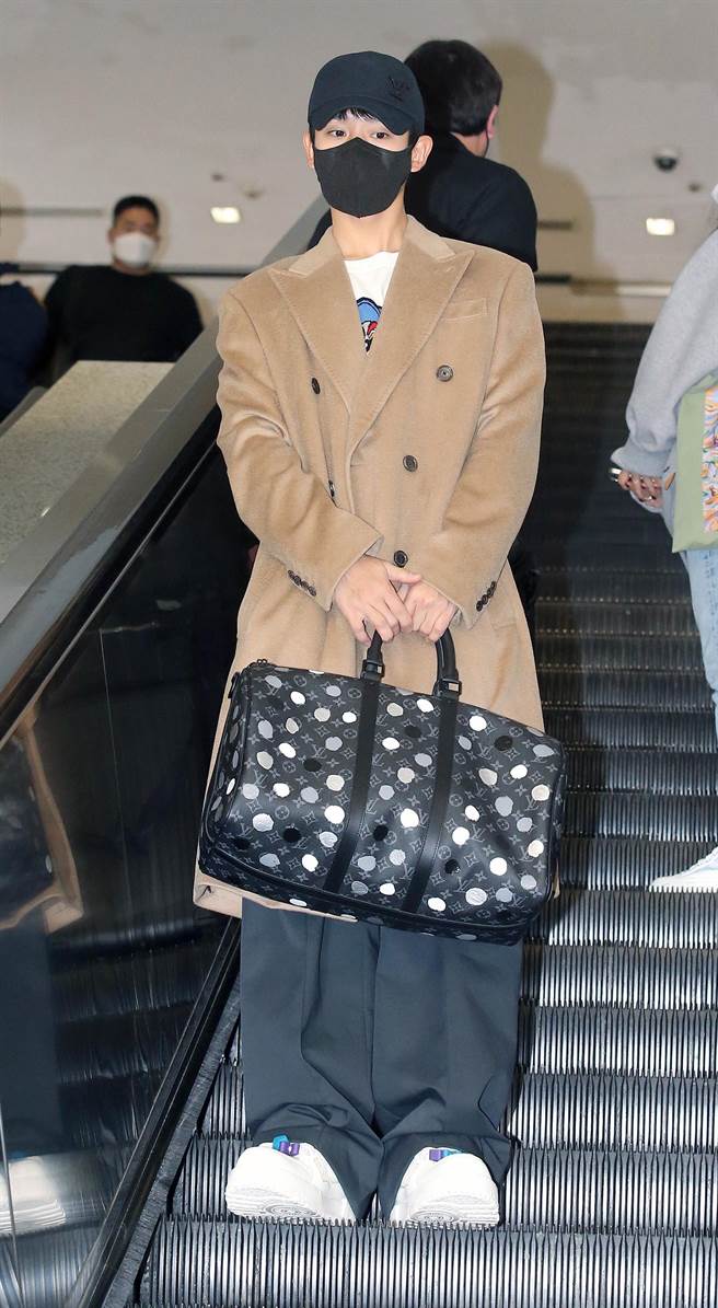 丁海寅搭機抵台，出席精品代言活動。（范揚光攝）