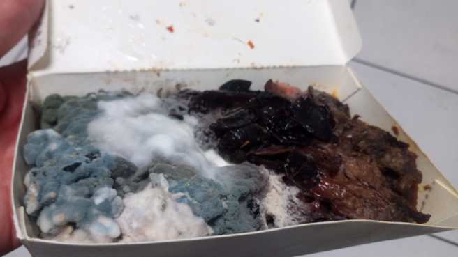 一名网友日前发现公司冰箱有个「陈年便当」，打开一开内部布满青绿色、白色的菌丝，乍看像是棉花糖，而公司内完全没人敢承认是自己的便当。（翻摄自脸书「爆怨公社」）