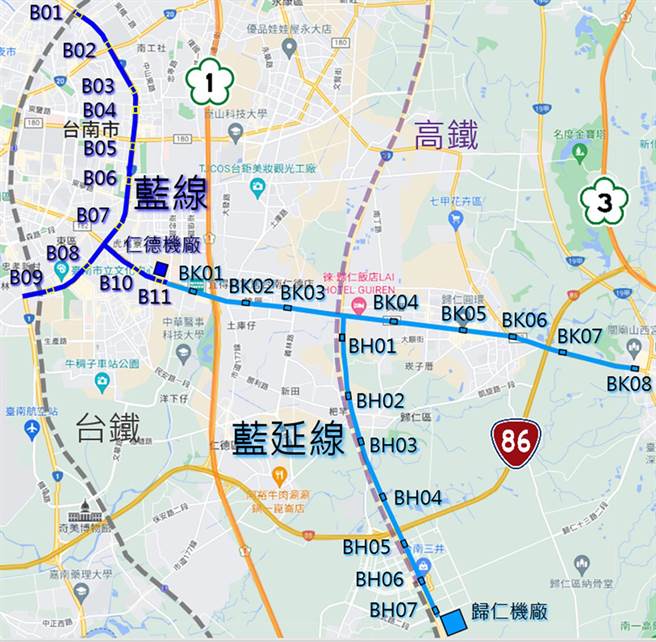 台南捷运蓝线1期、蓝延线路线规画图。（市府交通局提供／洪荣志台南传真）