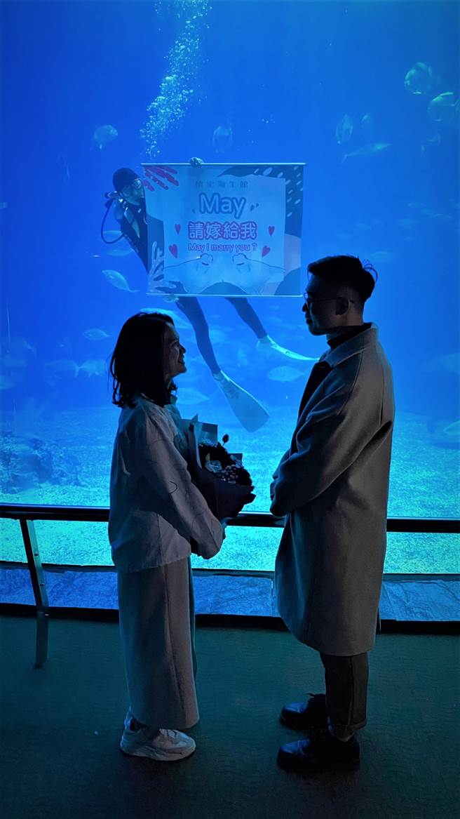 来自屏东市的陈先生为了向喜爱魟鱼的女友求婚，特别与屏东海生馆联繫商谈相关事宜，最后如愿在大洋池与女友求婚成功。（屏东海生馆提供／谢佳潾屏东传真）