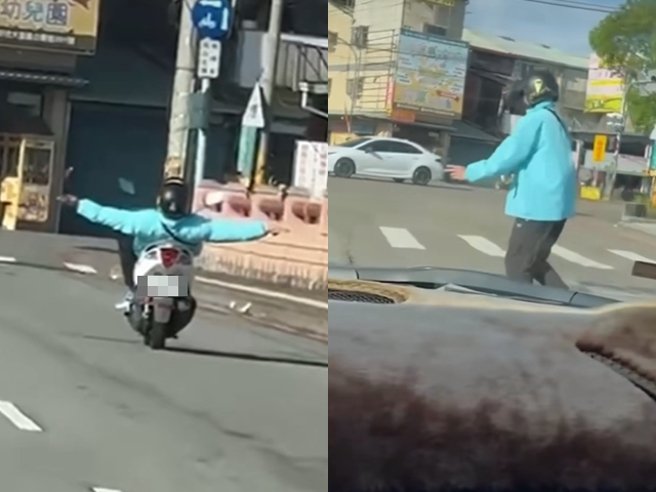 男骑士骑到一半突然双手摊开向后躺平，展现超强平衡力，之后在停等红灯时，又下车到路中央手舞足蹈，最后闯红灯离去。（翻摄自脸书「黑色豪门企业」）