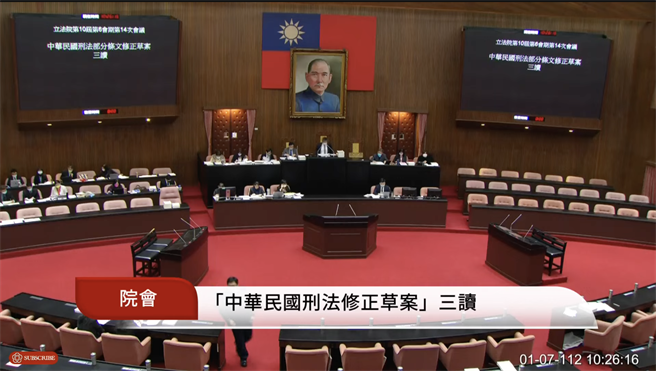 立法院会今天三读修正通过攸关防制性暴力的刑法部分条文。（取自国会频道直播）