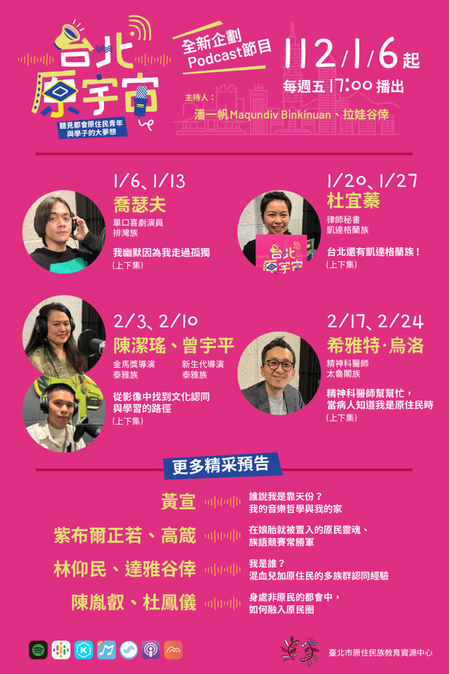 臺北市原住民族教育资源中心2023推出全新Podcast节目台北『原』宇宙，邀请臺北市原住民青年学子畅谈自己在都市生活经验及圆梦故事，透过轻松的访谈，述说臺北求学及生活的有趣故事。(照片/臺北市教育局提供)