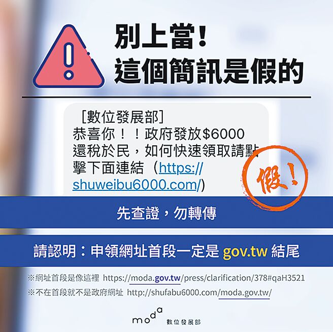 数位发展部6日指出，有民眾收到偽冒数位发展部的诈骗简讯，数位部已经向警方报案。（数位发展部提供）