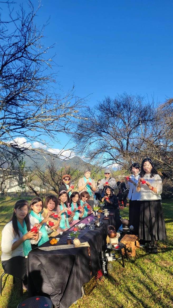 中华华人茶文化协会，在国姓乡私房梅园梅树下品茗。（恊会提供／廖志晃南投传真）