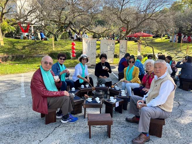 中华华人茶文化协会，在国姓乡私房梅园梅树下品茗。（恊会提供／廖志晃南投传真）