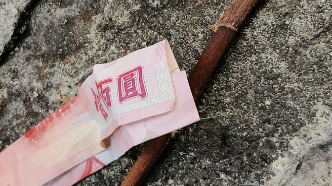 高雄一名男网友表示，看到地上一张对折的百元钞夹着一根头髮，令他觉得毛骨悚然。（图／翻摄自爆废公社）