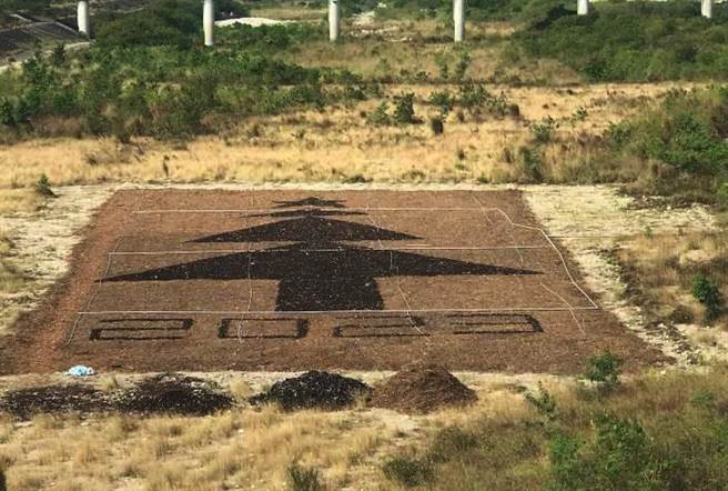 环保局废弃资源再利用产生的木屑及阿罩雾培养土结合耶诞树图象，并搭配种植波斯菊，除河川扬尘防制也能达到高滩永续绿化的目的。(台中市政府提供)