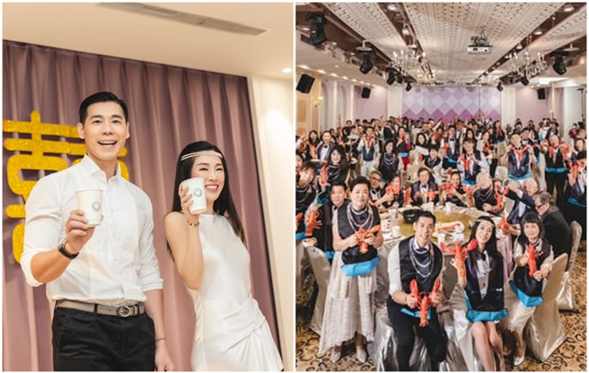 KIMIKO的屏东婚宴菜色很霸气，每个客人都有一只大龙虾。（图／FB@KIMIKO）