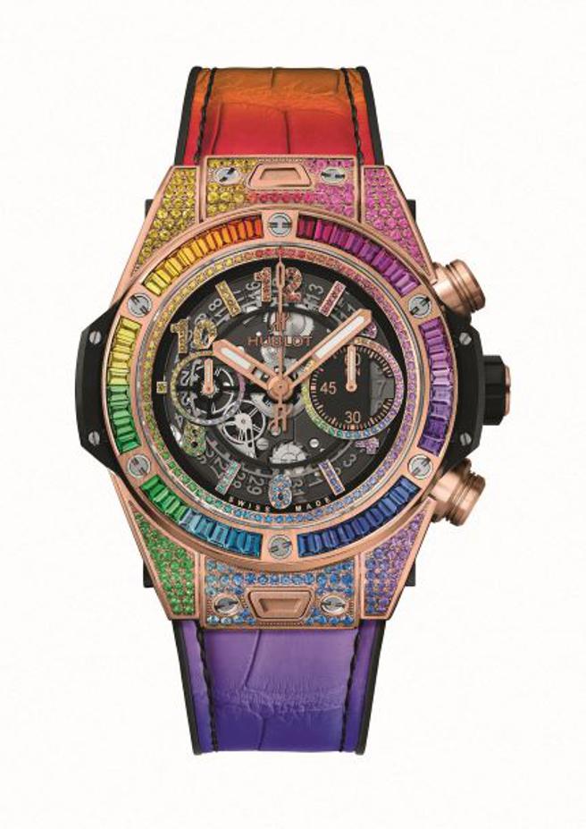 宇舶Big Bang Unico彩虹寶石計時碼表皇金款，表徑44mm，294萬3000元。（HUBLOT提供）