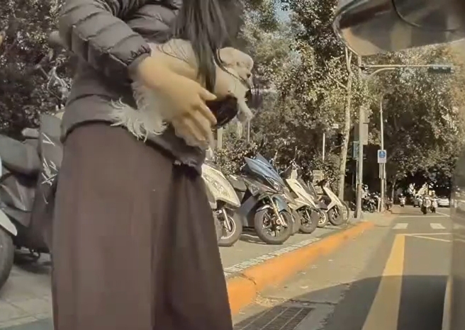 网友在台北路上发现一名机车骑士行经路口时，突然从踏板处掉出一只白色小狗，骑士还毫无察觉地往前骑，小白狗在大马路上乱窜，差点被车直接辗过。（翻摄自脸书「爆怨公社」）