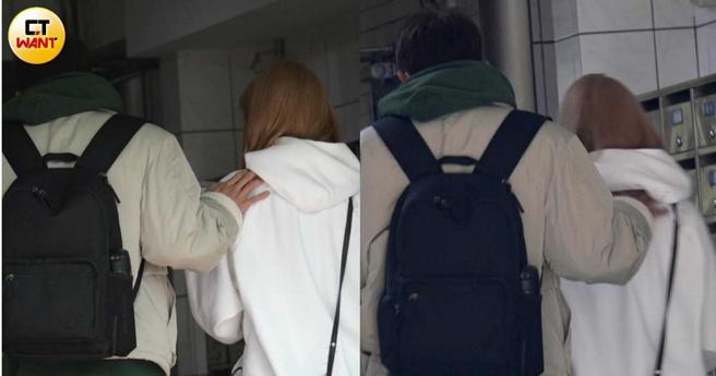 两人进入陈家时，于成炘的手很自然地搭上Yuri的肩（左图），并顺着背滑下去（右图），Yuri也没有任何闪躲或不自在，感觉很习惯。（图／本刊摄影组）