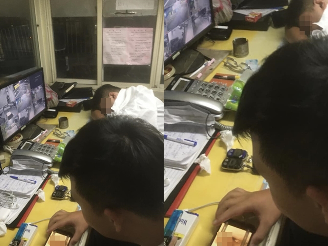 一名網友日前半夜在基隆某別墅社區的出入口管制哨發現2名保全，1人趴著睡覺、1人忘我地玩看手機影片，該網友拍下照片公審2人。（翻攝自臉書「爆料公社」）