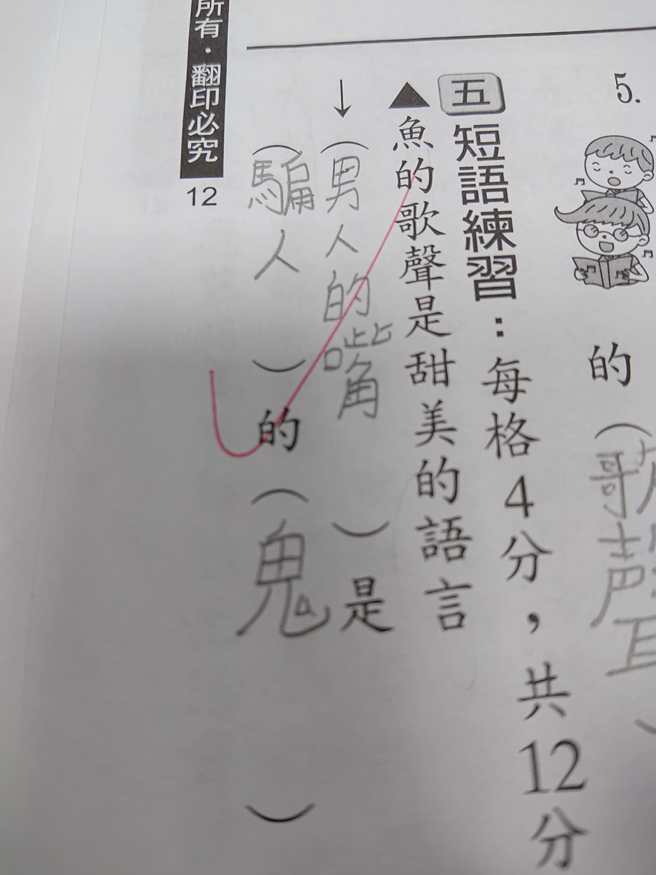 有名妈妈在儿子的作业练习本，看见儿子竟然写下「男人的嘴是骗人的鬼」，超龄的词句也让她看傻了眼。（翻摄自脸书爆废公社）