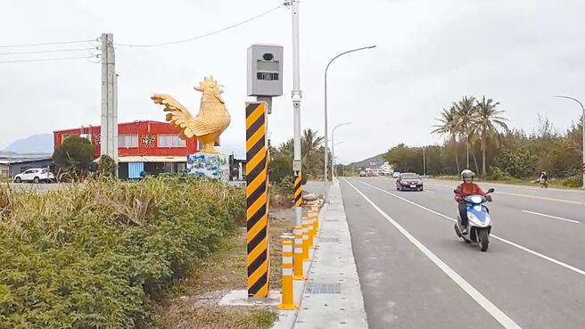台东县测速照相杆取缔违规，去年前5名出炉，冠军是台11线158公里的富冈测速杆，路旁恰好有1只金鸡意象。（蔡旻妤摄）