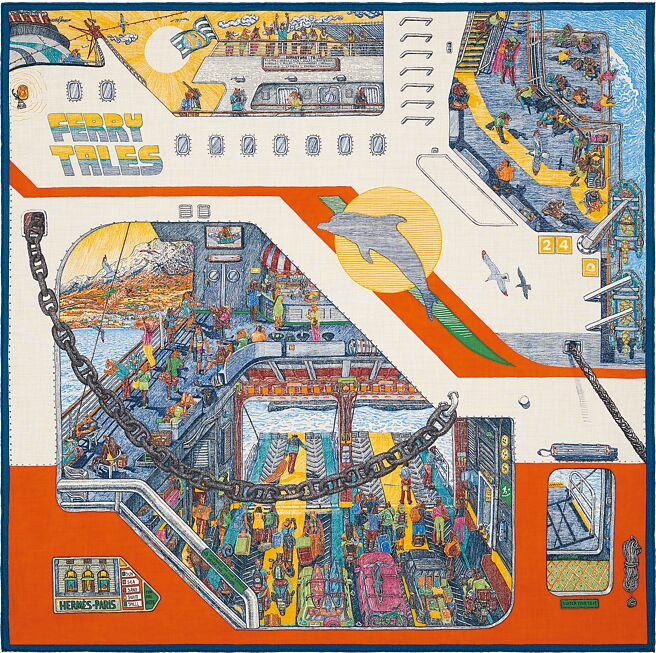 Ferry Tales图纹印花喀什米尔羊绒与真丝混纺围巾2万9200元。（Hermes提供）