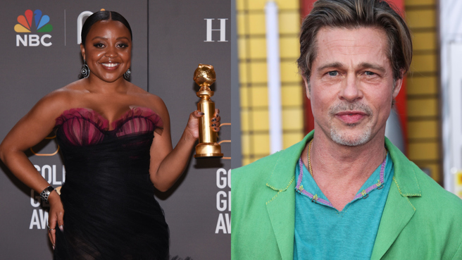 美国女星昆塔布伦森（Quinta Brunson）上台获奖时看到布莱德彼特（Bradley Pitt）竟让她忘了讲什么。（图／达志影像）