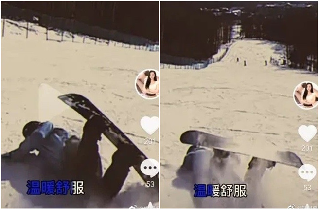 张颖颖晒出滑雪重摔照片，让怀孕传言不攻自破。（图／微博）