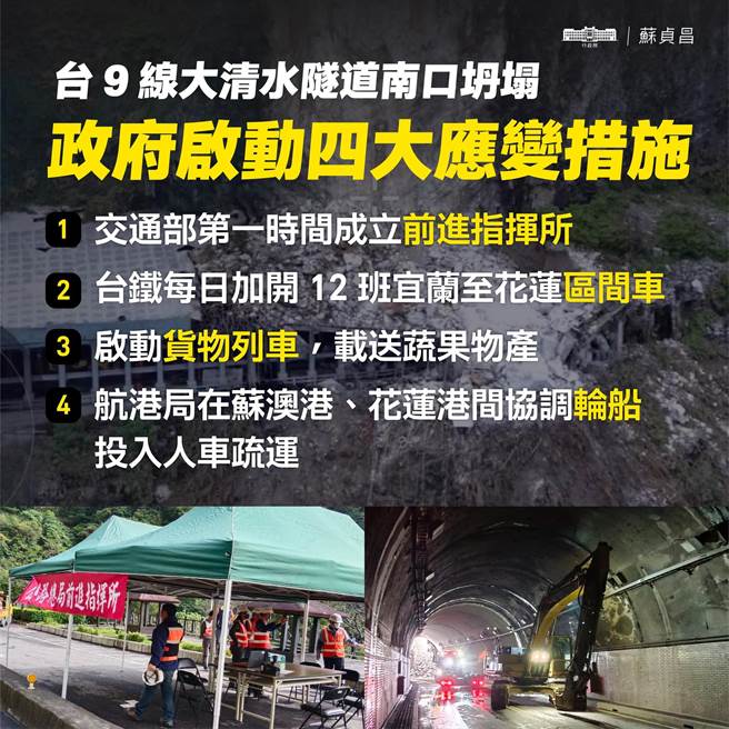 台9线大清水隧道南端昨日因大面积坍塌造成道路阻断，行政院长苏贞昌12日在脸书指出，政府已经启动4大措施。（摘自苏贞昌脸书）