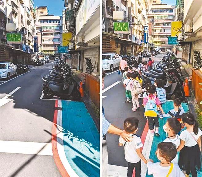 台北市松山区某巷弄登上美国论坛Reddit「都市地狱版」，人行道被机车停车格截断，幼童必须走在马路上，险象环生。（摘自Reddit）