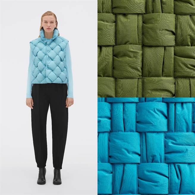 Bottega Veneta編織絨背心男女款都有，並有辣椒綠、黑色、淡藍色等多種顏色供選擇。（Bottega Veneta提供／合成圖）