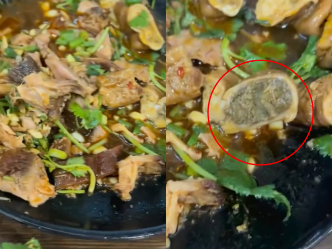 上海一名女子在餐廳肥腸吃到大便。（翻攝自搜狐千里眼微博）